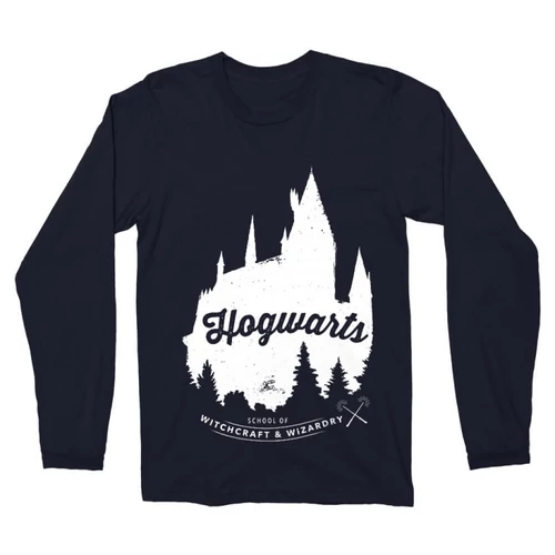 Sötétkék Harry Potter férfi hosszú ujjú póló - Hogwarts Silhouette