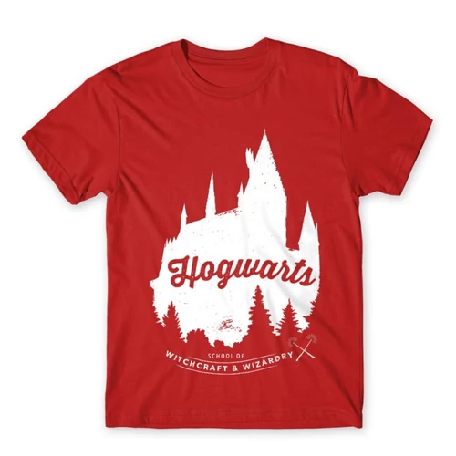 Piros Harry Potter férfi rövid ujjú póló - Hogwarts Silhouette