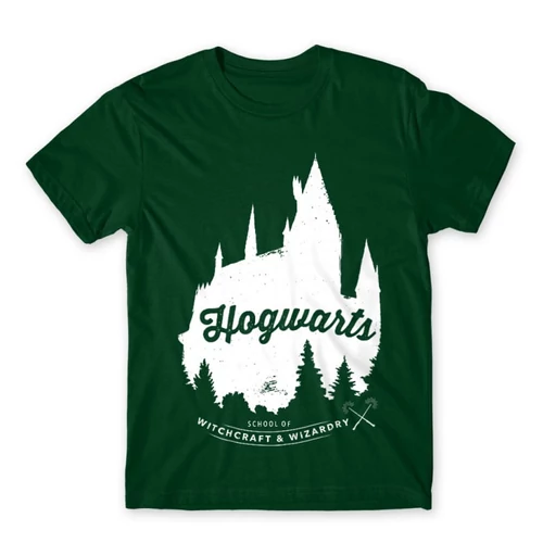 Sötétzöld Harry Potter férfi rövid ujjú póló - Hogwarts Silhouette