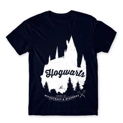 Sötétkék Harry Potter férfi rövid ujjú póló - Hogwarts Silhouette