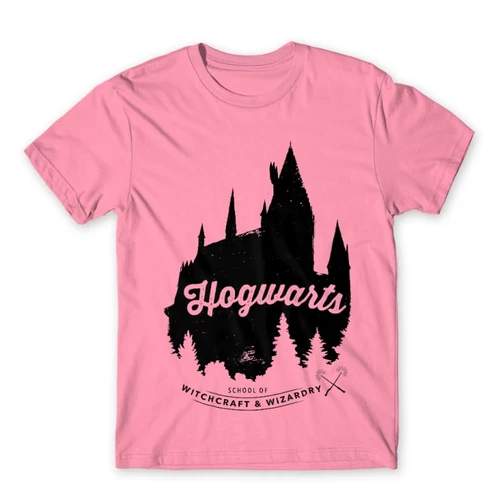 Világos rózsaszín Harry Potter férfi rövid ujjú póló - Hogwarts Silhouette
