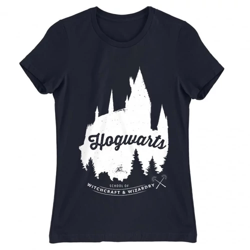 Sötétkék Harry Potter női rövid ujjú póló - Hogwarts Silhouette