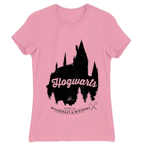 Világos rózsaszín Harry Potter női rövid ujjú póló - Hogwarts Silhouette