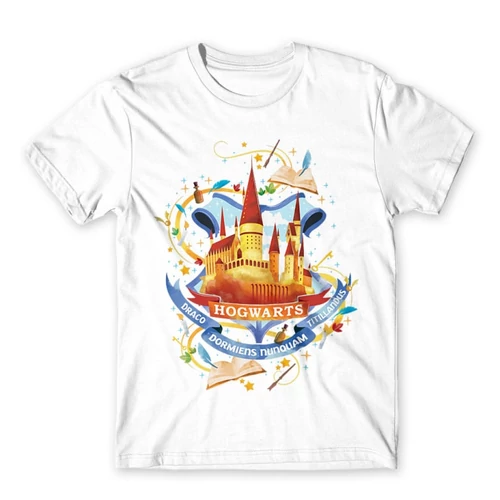 Fehér Harry Potter férfi rövid ujjú póló - Hogwarts Watercolor