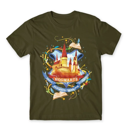 Khaki Harry Potter férfi rövid ujjú póló - Hogwarts Watercolor