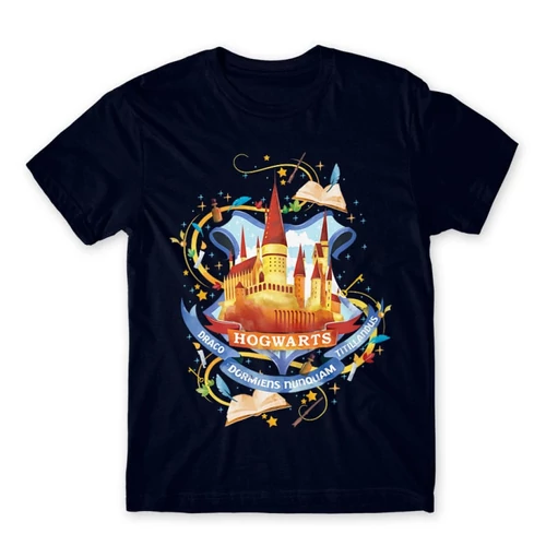 Sötétkék Harry Potter férfi rövid ujjú póló - Hogwarts Watercolor