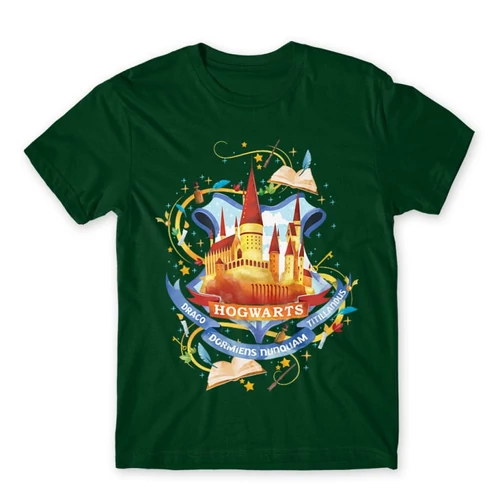 Sötétzöld Harry Potter férfi rövid ujjú póló - Hogwarts Watercolor