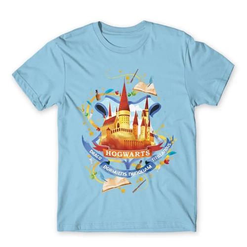 Világoskék Harry Potter férfi rövid ujjú póló - Hogwarts Watercolor