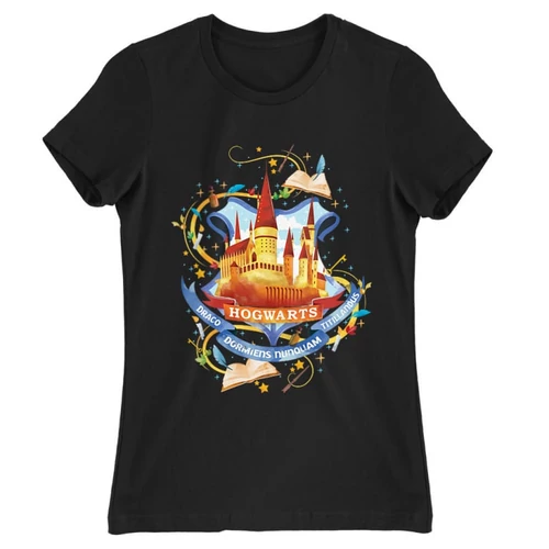 Fekete Harry Potter női rövid ujjú póló - Hogwarts Watercolor
