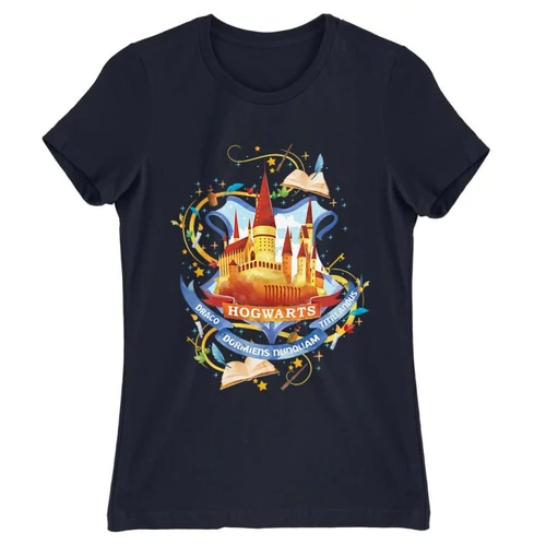Sötétkék Harry Potter női rövid ujjú póló - Hogwarts Watercolor