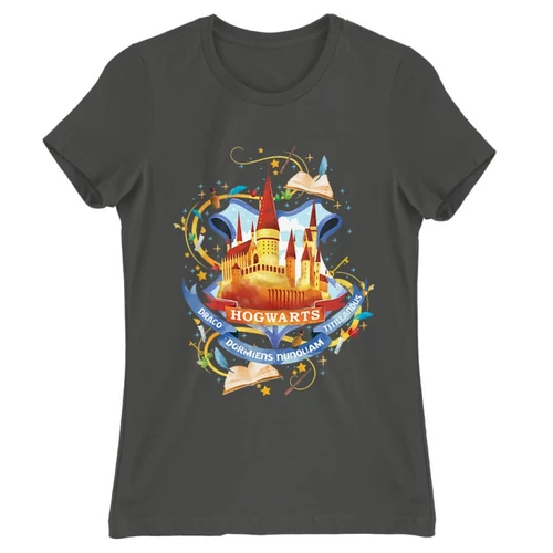 Sötétszürke Harry Potter női rövid ujjú póló - Hogwarts Watercolor