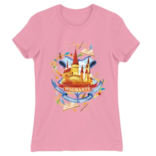 Világos rózsaszín Harry Potter női rövid ujjú póló - Hogwarts Watercolor