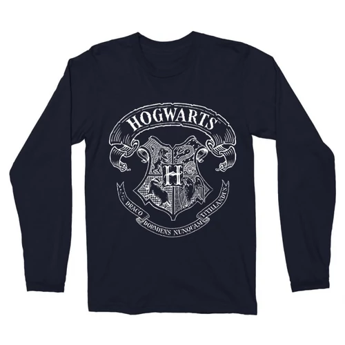Sötétkék Harry Potter férfi hosszú ujjú póló - Hogwarts outline logo