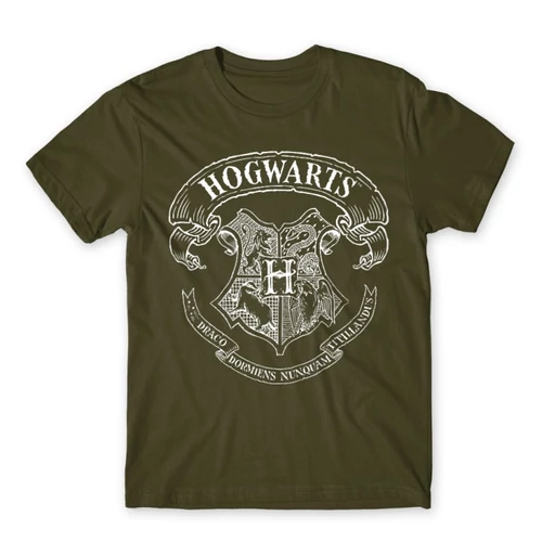 Khaki Harry Potter férfi rövid ujjú póló - Hogwarts outline logo