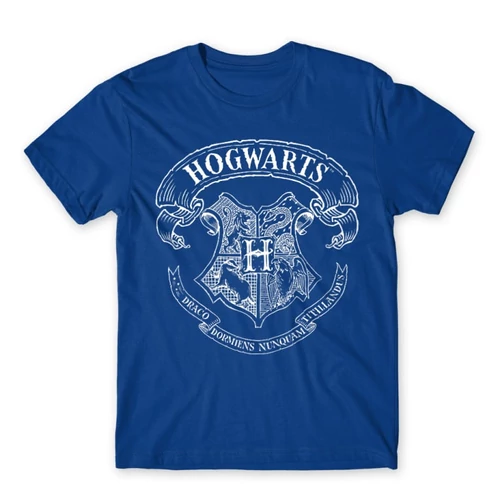 Királykék Harry Potter férfi rövid ujjú póló - Hogwarts outline logo