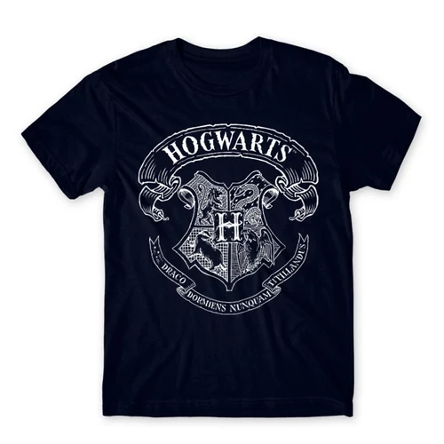 Sötétkék Harry Potter férfi rövid ujjú póló - Hogwarts outline logo