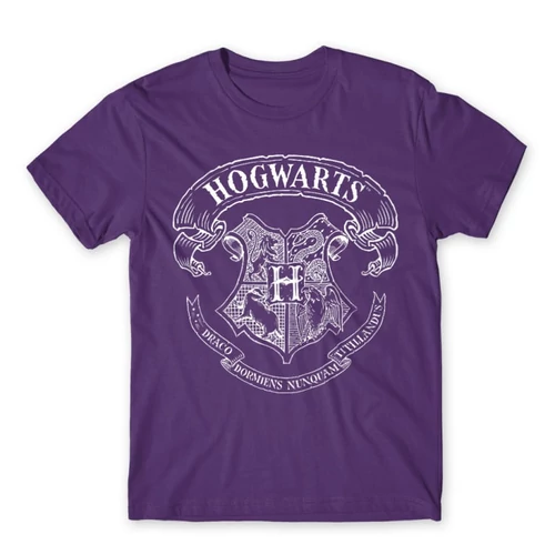 Sötétlila Harry Potter férfi rövid ujjú póló - Hogwarts outline logo