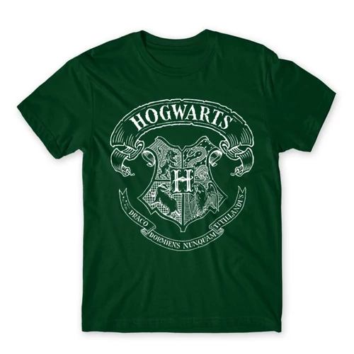 Sötétzöld Harry Potter férfi rövid ujjú póló - Hogwarts outline logo