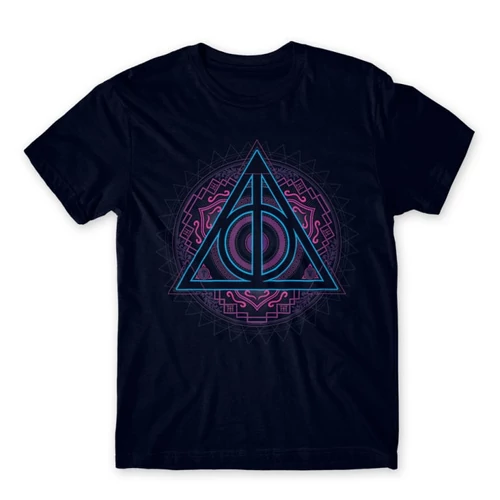 Sötétkék Harry Potter férfi rövid ujjú póló - Neon Deathly Hallows