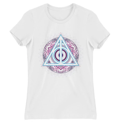 Fehér Harry Potter női rövid ujjú póló - Neon Deathly Hallows