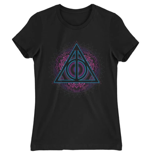 Fekete Harry Potter női rövid ujjú póló - Neon Deathly Hallows