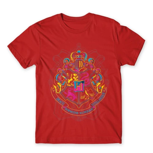Piros Harry Potter férfi rövid ujjú póló - Neon Hogwarts