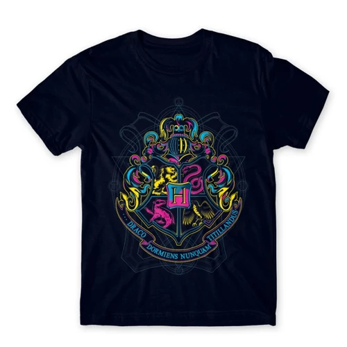 Sötétkék Harry Potter férfi rövid ujjú póló - Neon Hogwarts