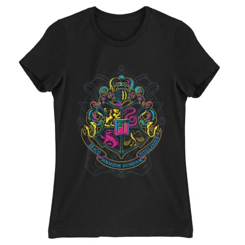 Fekete Harry Potter női rövid ujjú póló - Neon Hogwarts