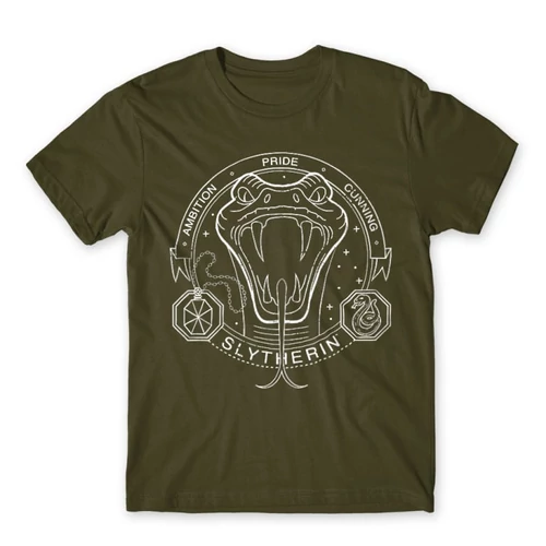 Khaki Harry Potter férfi rövid ujjú póló - Slytherin Lineart