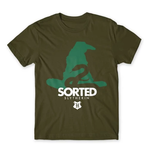 Khaki Harry Potter férfi rövid ujjú póló - Sorted Slytherin