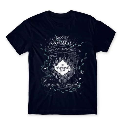 Sötétkék Harry Potter férfi rövid ujjú póló - The Marauder's Map Cover