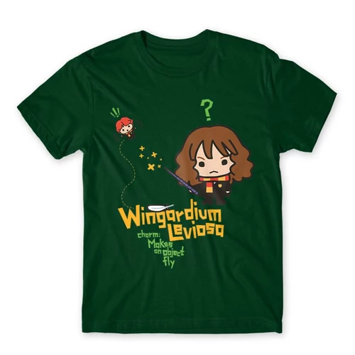Sötétzöld Harry Potter férfi rövid ujjú póló - Wingardium Leviosa