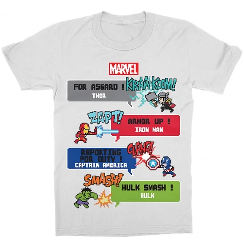 Fehér Bosszúállók gyerek rövid ujjú póló - Marvel Heroes 8bit