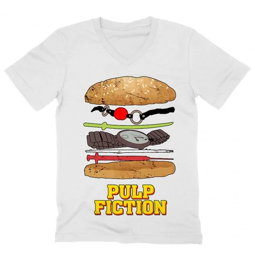 Fehér Ponyvaregény férfi V-nyakú póló - Pulp Fiction burger