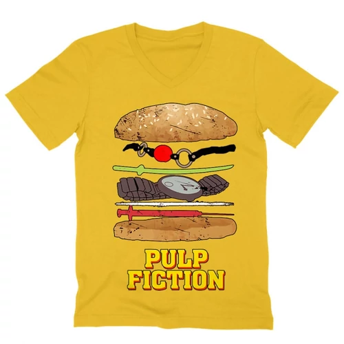 Sárga Ponyvaregény férfi V-nyakú póló - Pulp Fiction burger