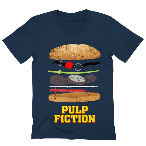 Sötétkék Ponyvaregény férfi V-nyakú póló - Pulp Fiction burger