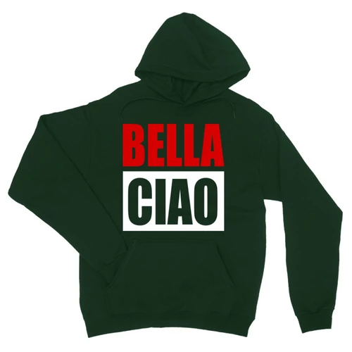 Sötétzöld A nagy pénzrablás unisex kapucnis pulóver - Bella Ciao