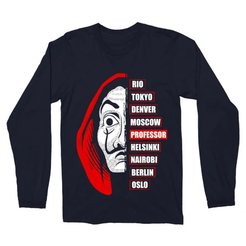 Sötétkék A nagy pénzrablás férfi hosszú ujjú póló - Money Heist Professor