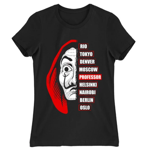 Fekete A nagy pénzrablás női rövid ujjú póló - Money Heist Professor