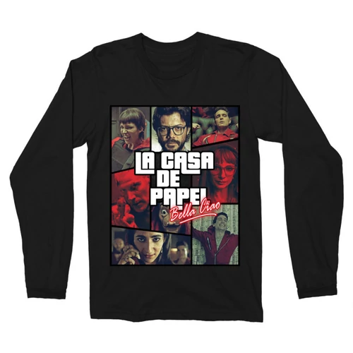 Fekete A nagy pénzrablás férfi hosszú ujjú póló - La casa de papel GTA