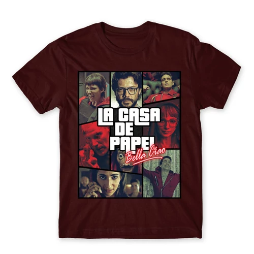 Bordó A nagy pénzrablás férfi rövid ujjú póló - La casa de papel GTA