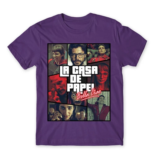 Sötétlila A nagy pénzrablás férfi rövid ujjú póló - La casa de papel GTA