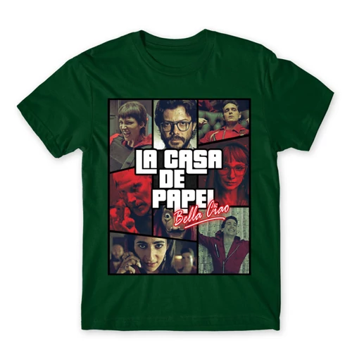 Sötétzöld A nagy pénzrablás férfi rövid ujjú póló - La casa de papel GTA