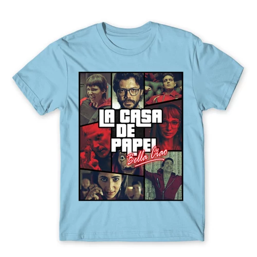 Világoskék A nagy pénzrablás férfi rövid ujjú póló - La casa de papel GTA