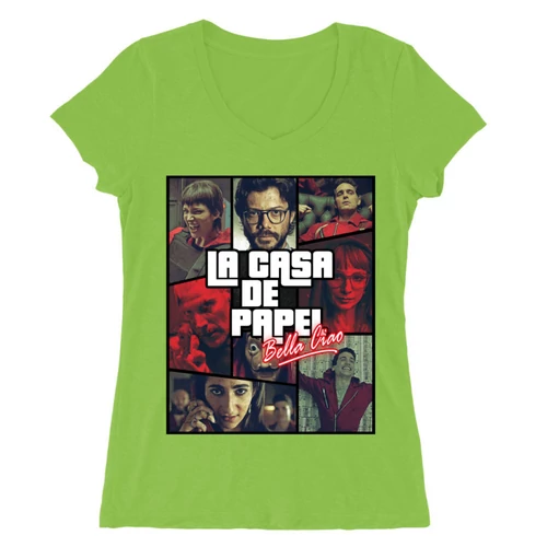 Almazöld A nagy pénzrablás női V-nyakú póló - La casa de papel GTA