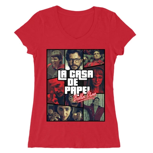 Piros A nagy pénzrablás női V-nyakú póló - La casa de papel GTA