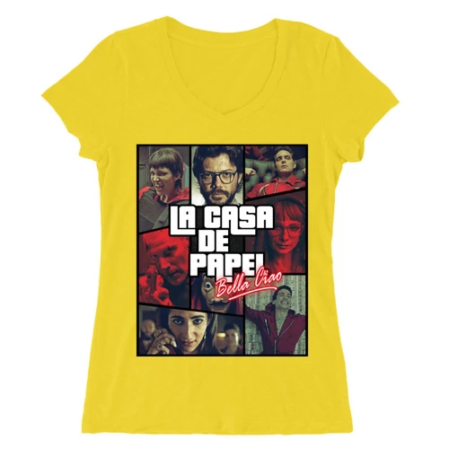Sárga A nagy pénzrablás női V-nyakú póló - La casa de papel GTA
