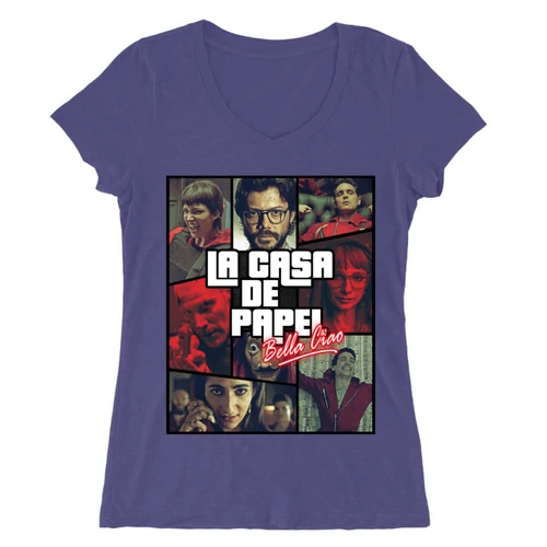 Sötétlila A nagy pénzrablás női V-nyakú póló - La casa de papel GTA