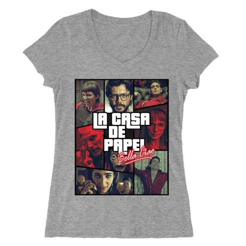 Sportszürke A nagy pénzrablás női V-nyakú póló - La casa de papel GTA