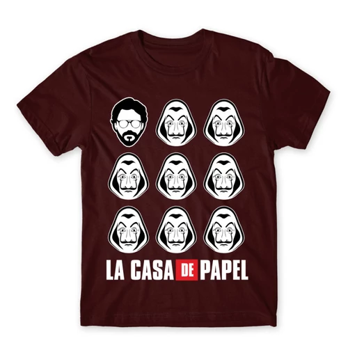 Bordó A nagy pénzrablás férfi rövid ujjú póló - La casa de papel faces